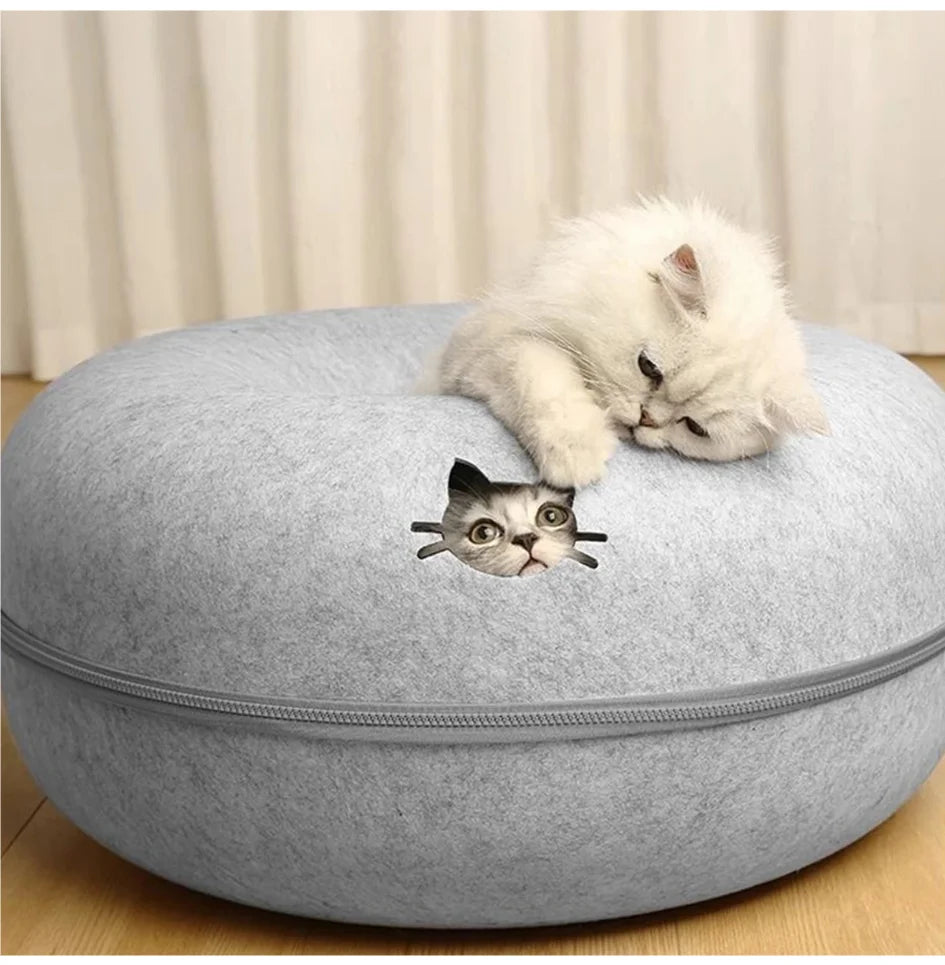 Felt Donut Cat Bed With Tunnel And Hideout For Play
