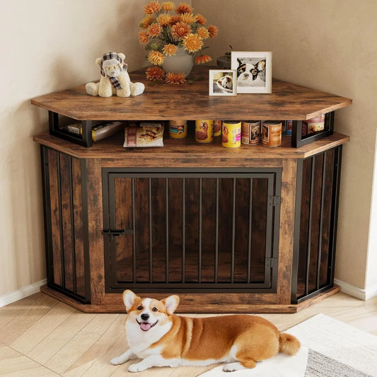 ANGDUO Corner Dog Crate With 2 Tier Shelves Kennel Furniture
