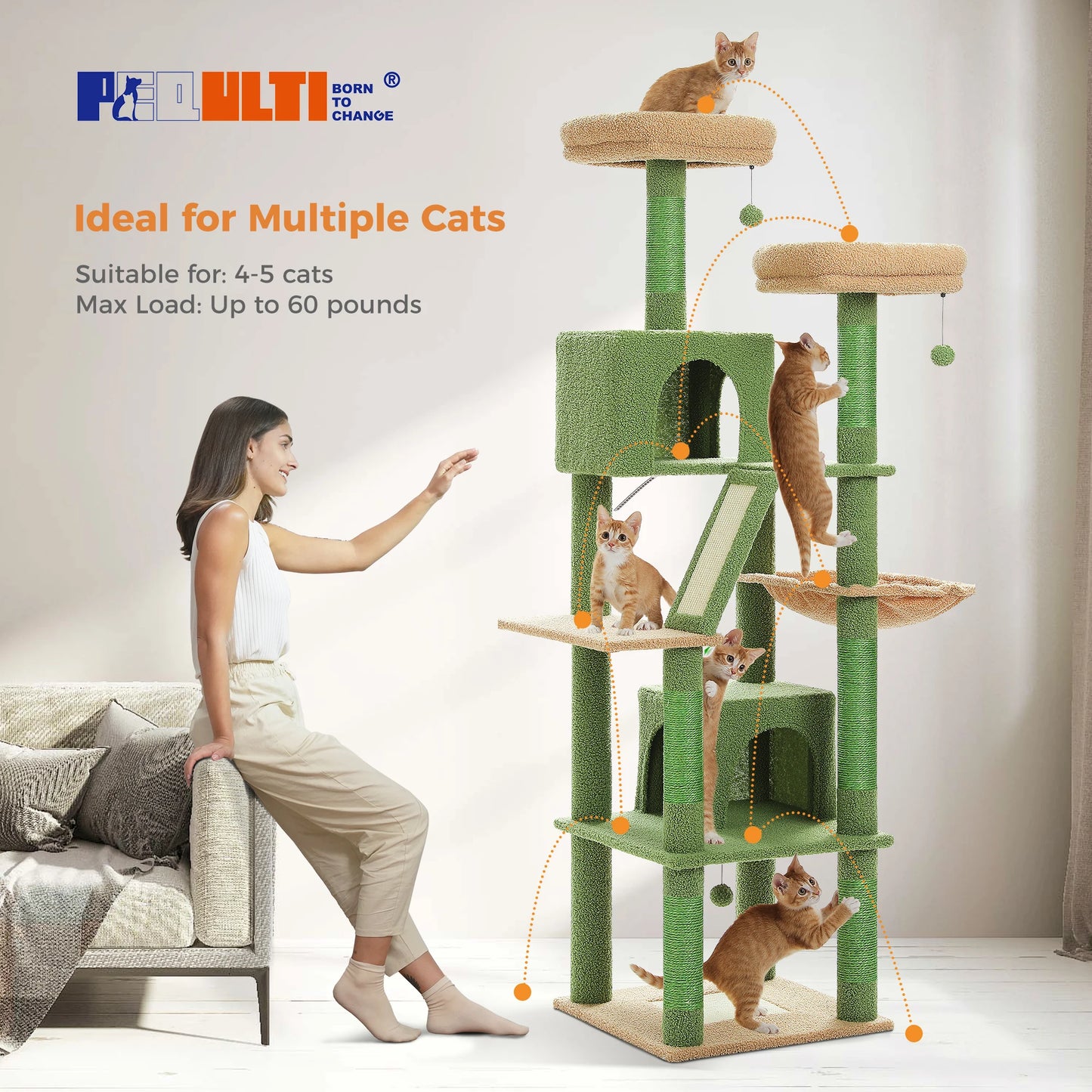 PEQULTICN Multi Level Cat Tree With Scratching Posts Cozy Condo