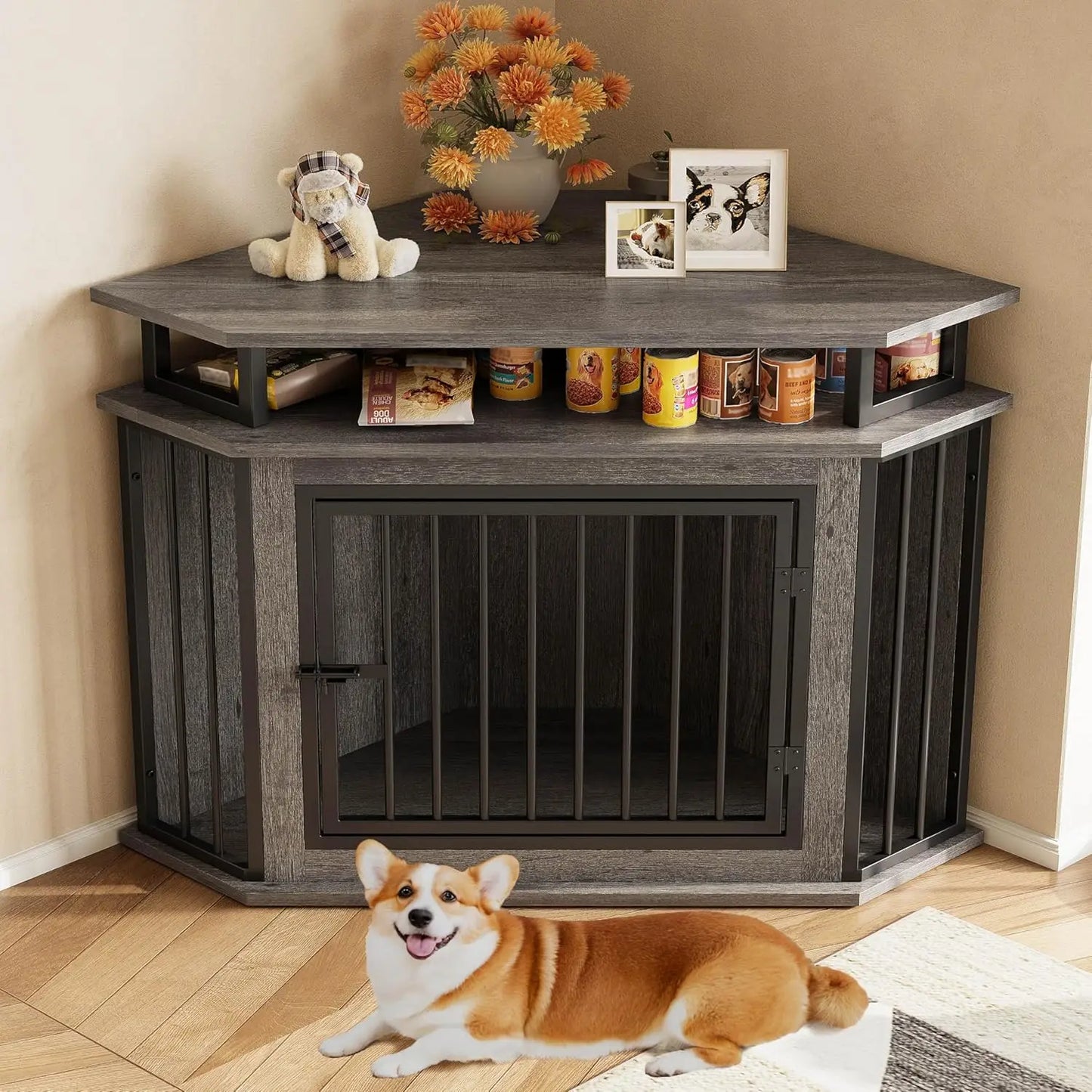 ANGDUO Corner Dog Crate With 2 Tier Shelves Kennel Furniture