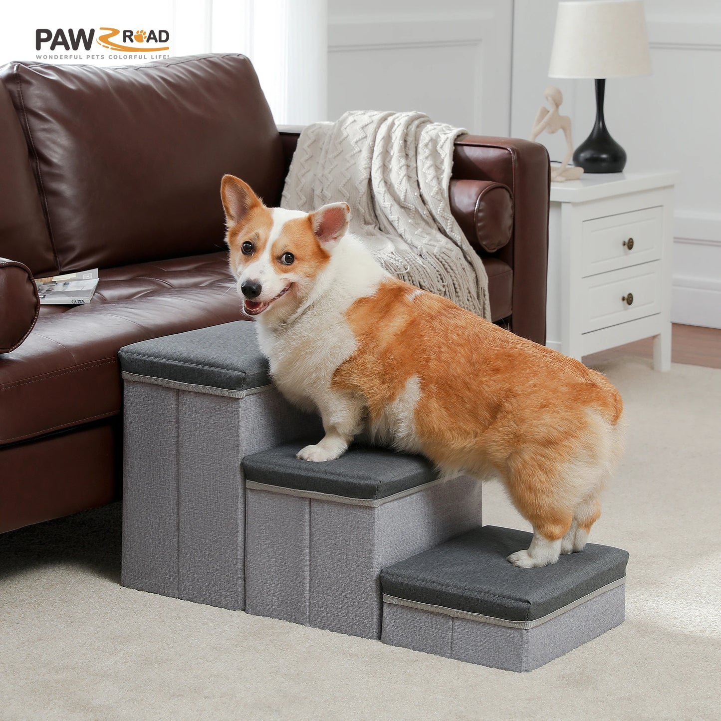 PAWZ Road 3 Tier Dog Stairs Foldable Steps with Storage