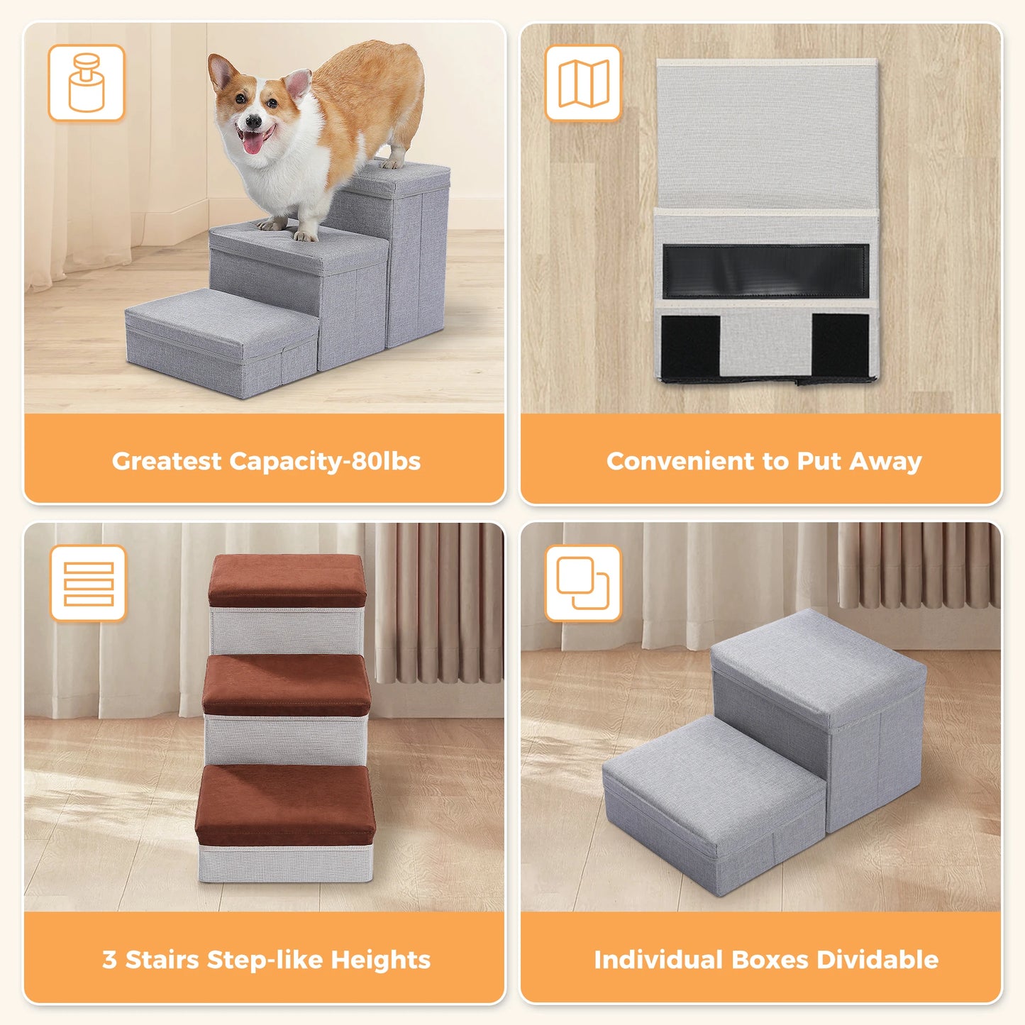 PAWZ Road 3 Tier Dog Stairs Foldable Steps with Storage