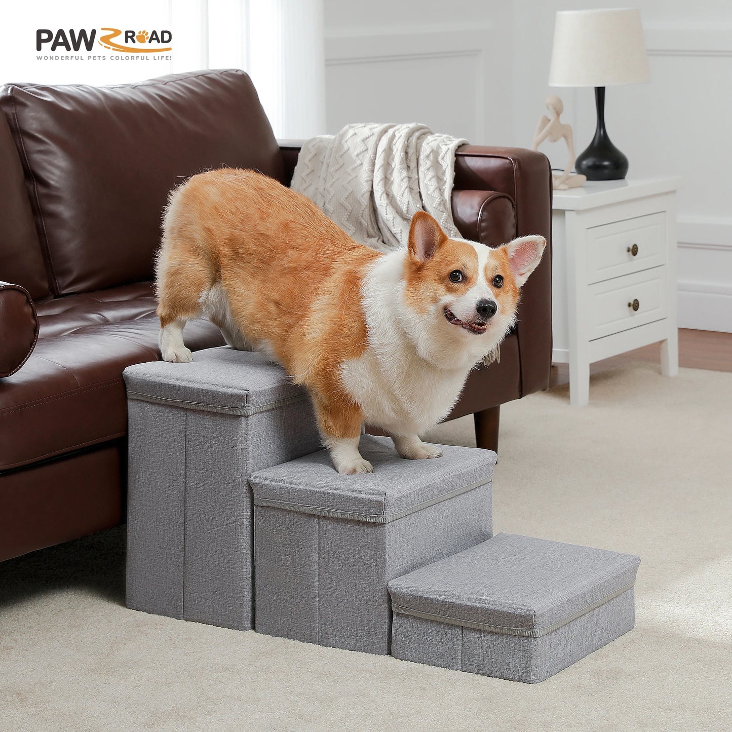 PAWZ Road 3 Tier Dog Stairs Foldable Steps with Storage