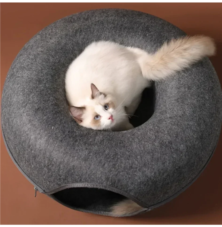 Felt Donut Cat Bed With Tunnel And Hideout For Play