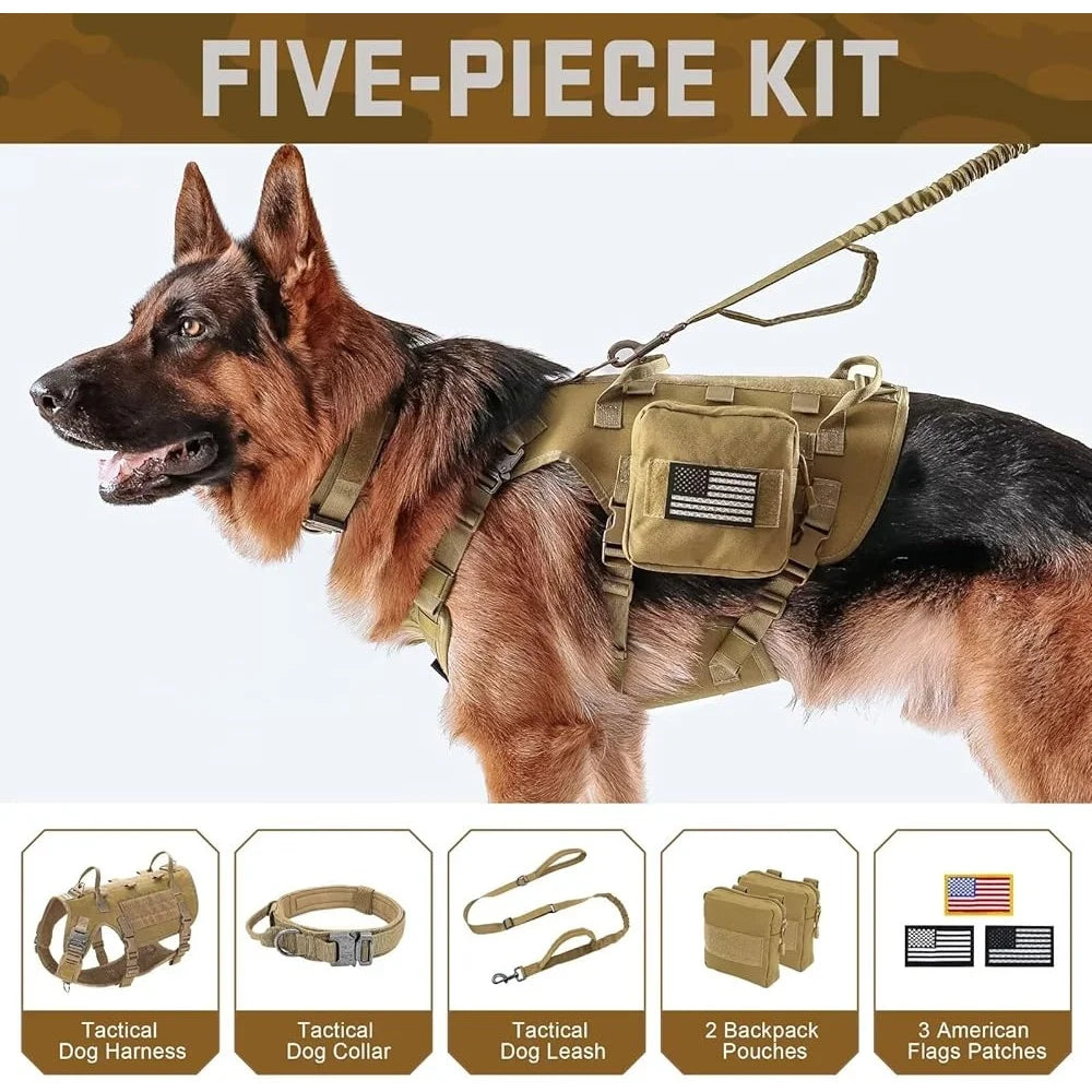 XMSJCN Tactical Dog Harness No Pull With MOLLE Backpack Set