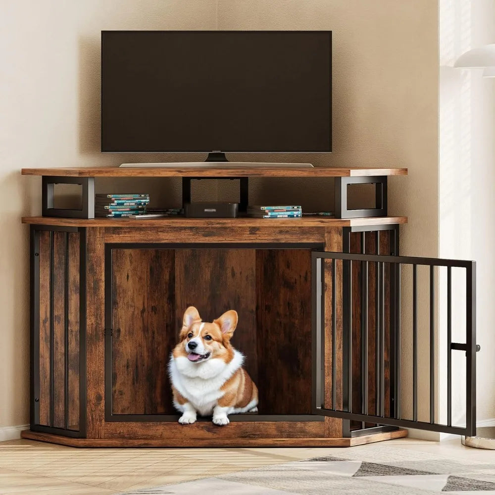 ANGDUO Corner Dog Crate With 2 Tier Shelves Kennel Furniture