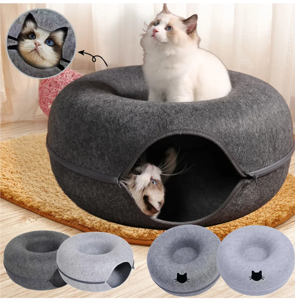 Felt Donut Cat Bed With Tunnel And Hideout For Play