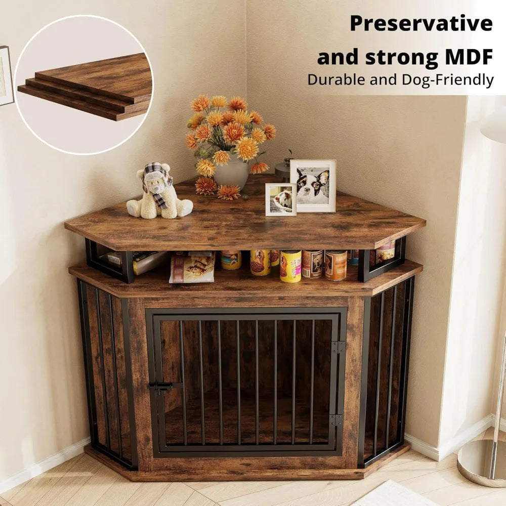 ANGDUO Corner Dog Crate With 2 Tier Shelves Kennel Furniture
