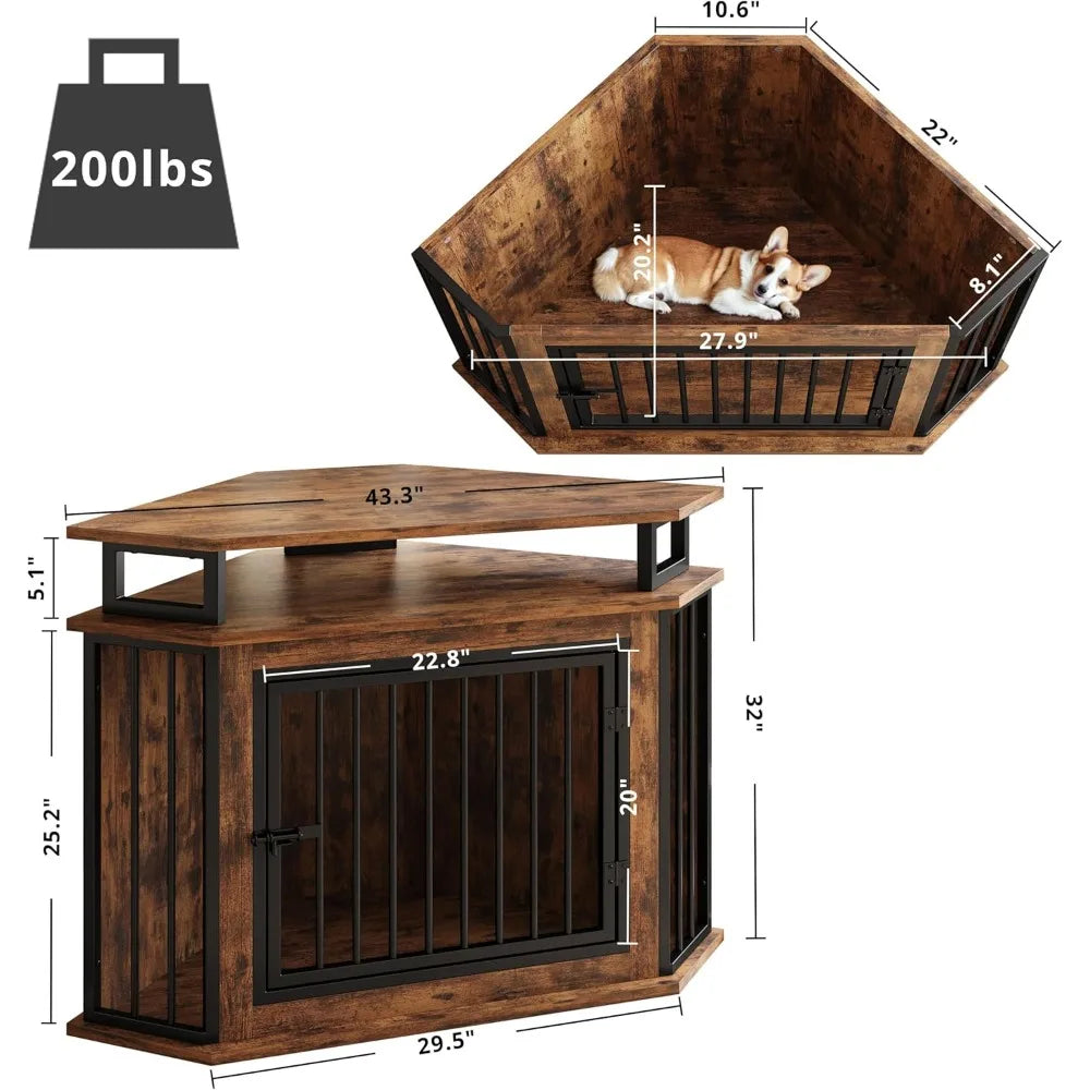 ANGDUO Corner Dog Crate With 2 Tier Shelves Kennel Furniture