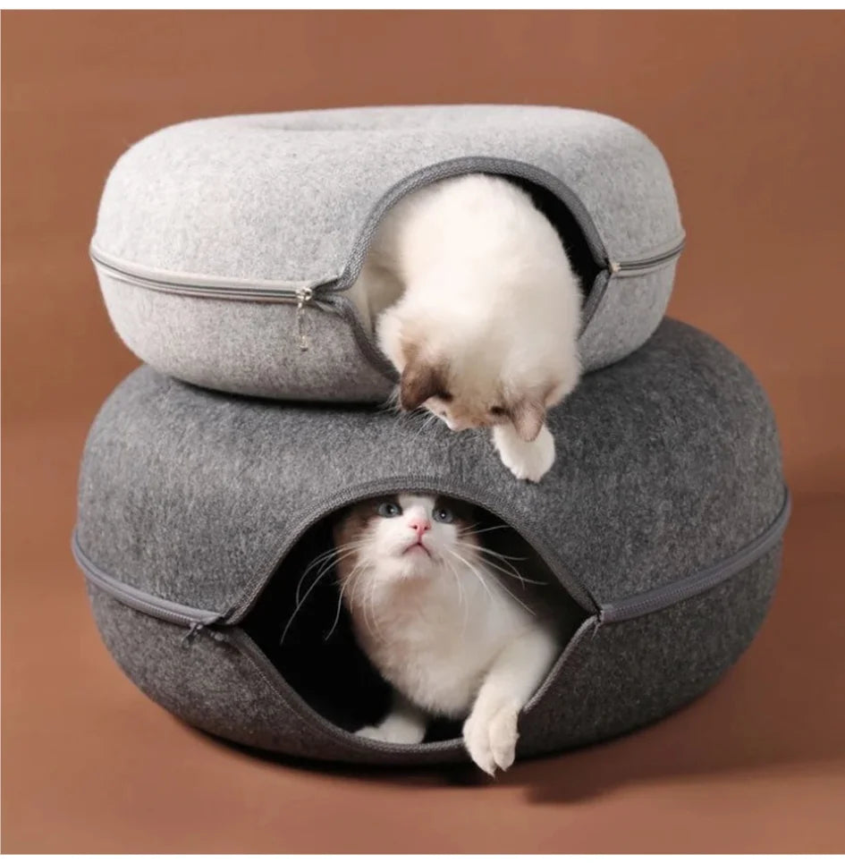 Felt Donut Cat Bed With Tunnel And Hideout For Play